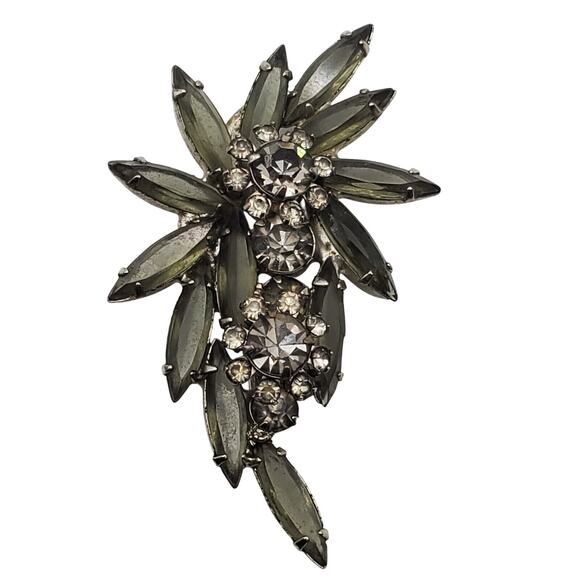 Juliana, D and E Jewelry - Retro Gray Black Diamond Rhinestone Brooch Smoky Crystal Pin Statement Navette
